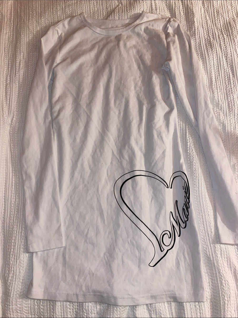 White Long Sleeve Mini Dress with Heart Script Detail